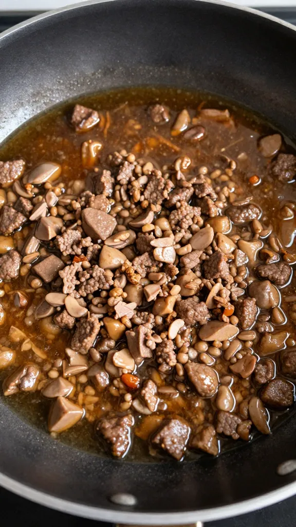 Leftover taco meat reheating with broth in nonstick pan