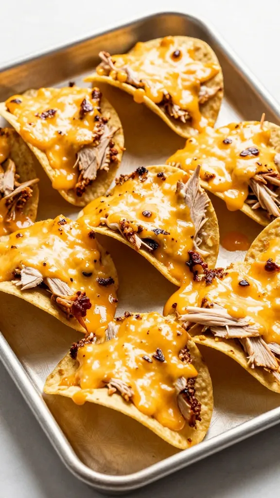 Golden, bubbly cheese on turkey nachos, sheet pan