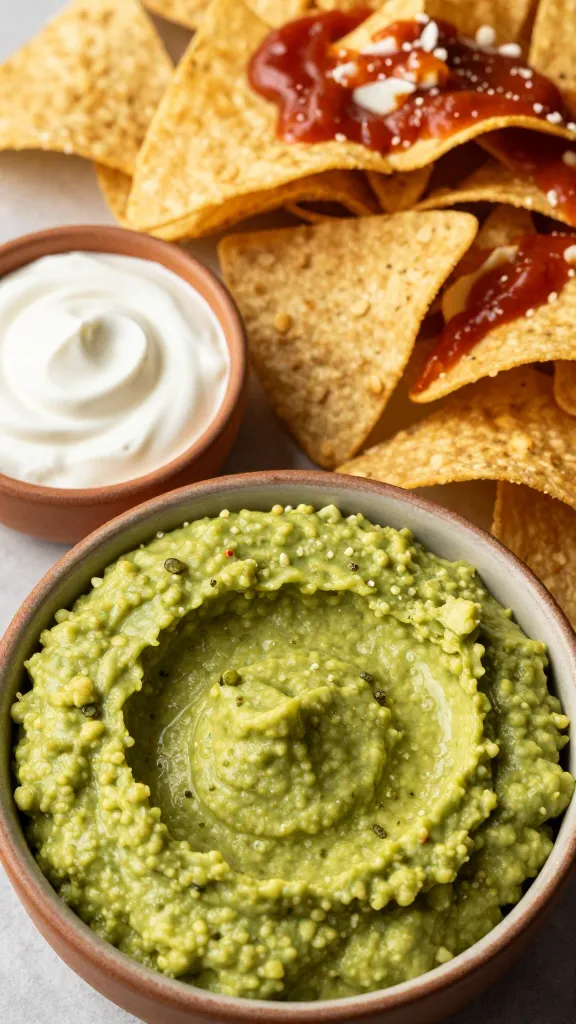 Guacamole, sour cream, hot sauce beside turkey nachos