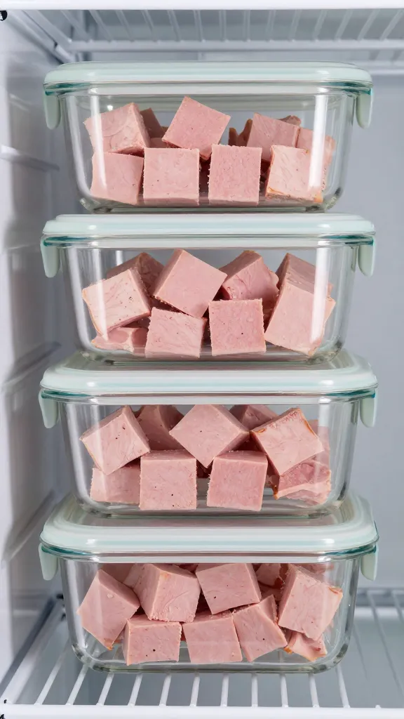 cubed ham in glass meal-prep containers, fridge shelf