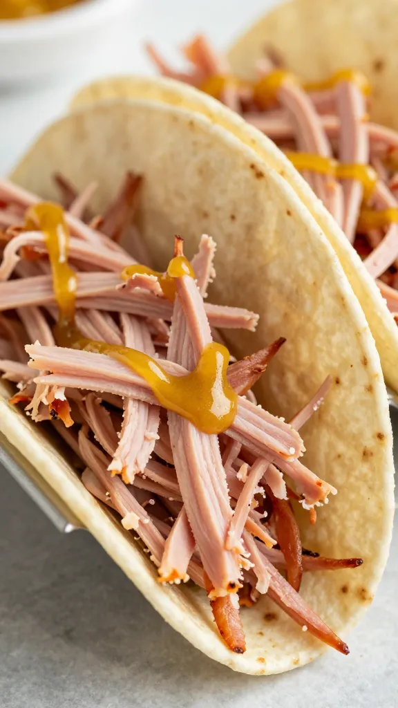 shredded ham tacos with hot honey drizzle, close-up