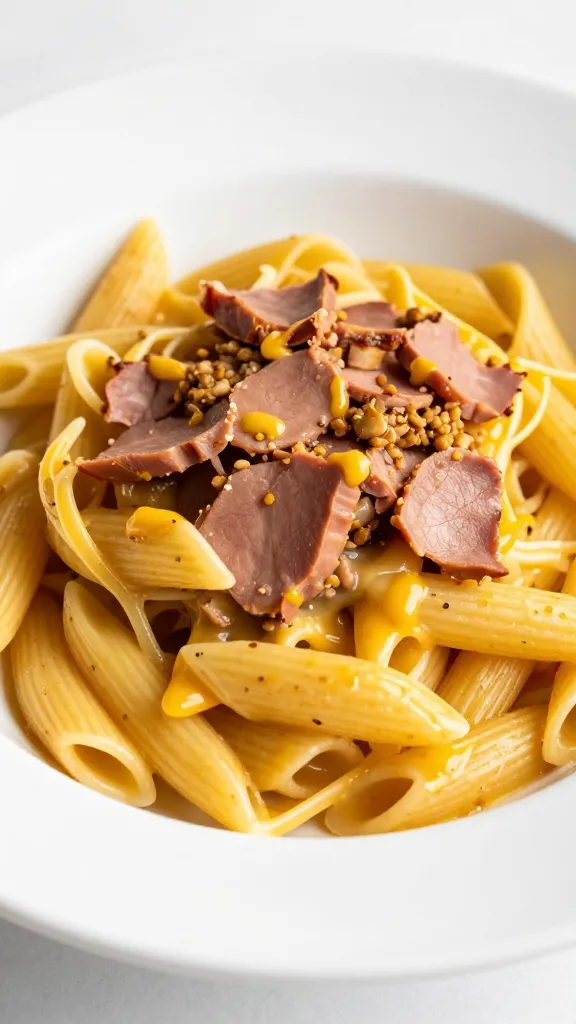 ham and Dijon mustard pasta in white bowl