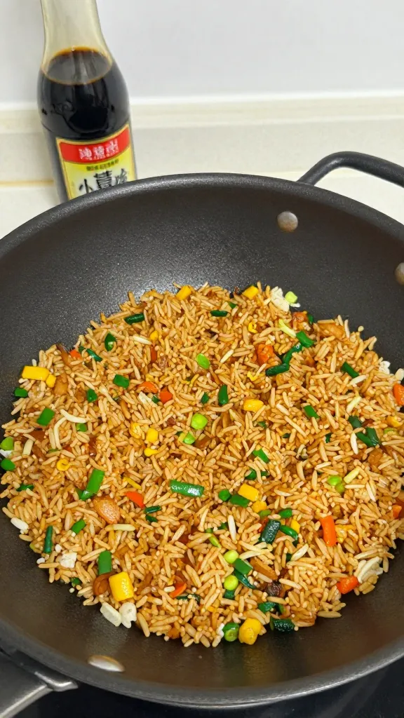 ham fried rice in wok with soy sauce bottle