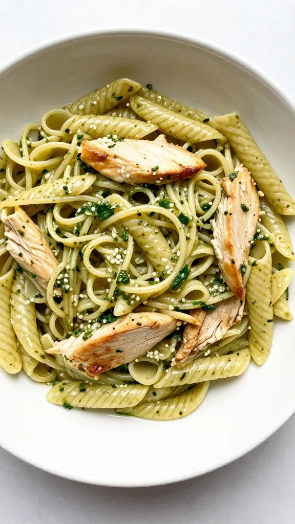 leftover chicken pesto pasta in white bowl, overhead