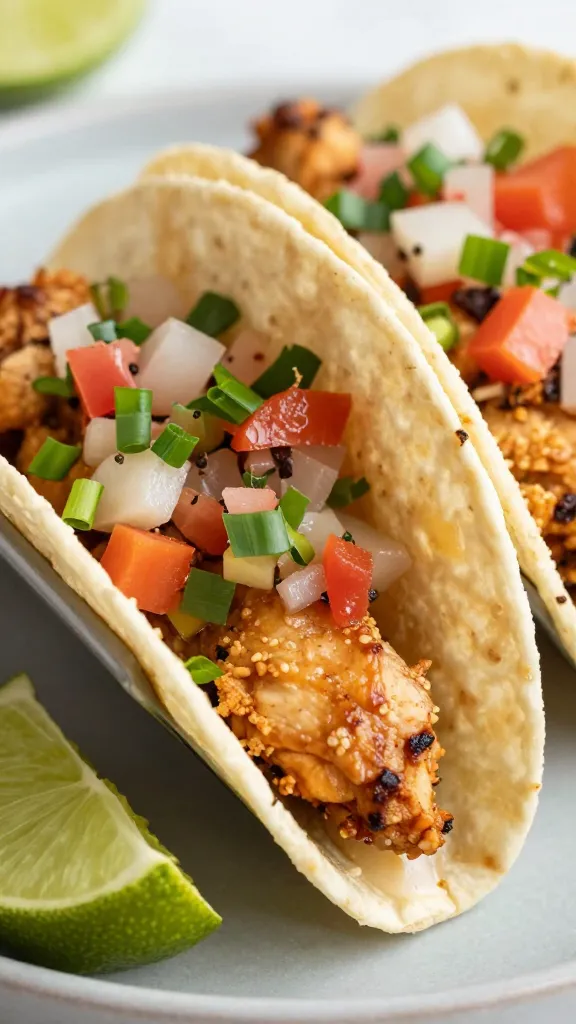 chicken tacos with salsa and lime wedges, close-up