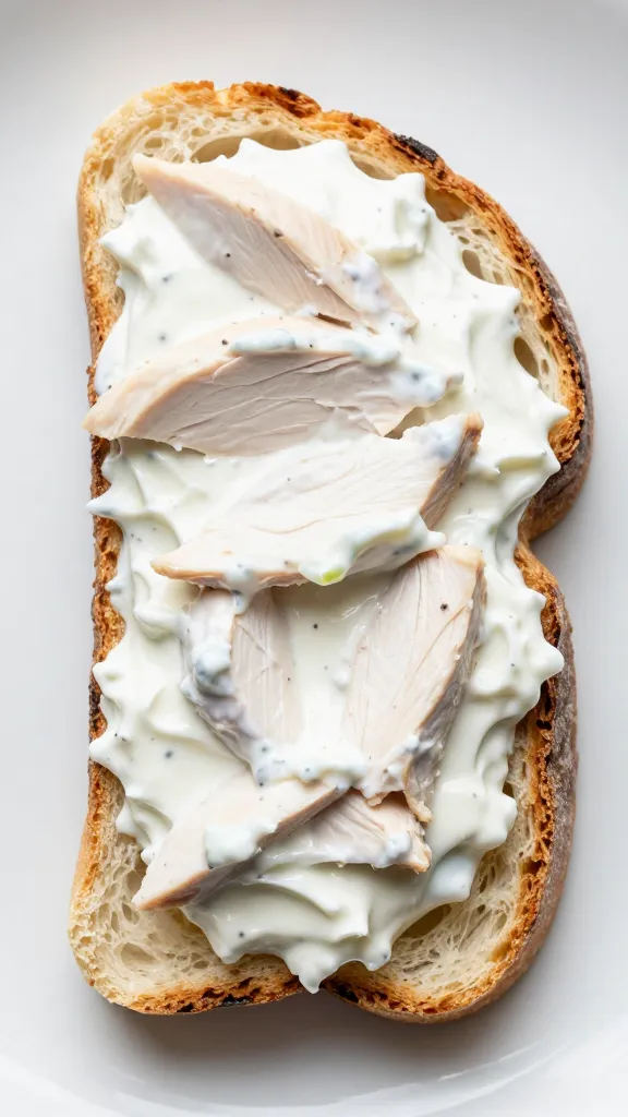 creamy chicken salad with Greek yogurt on toast, top-down