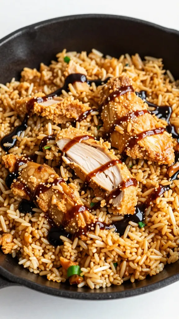 chicken fried rice with soy sauce drizzle, skillet shot