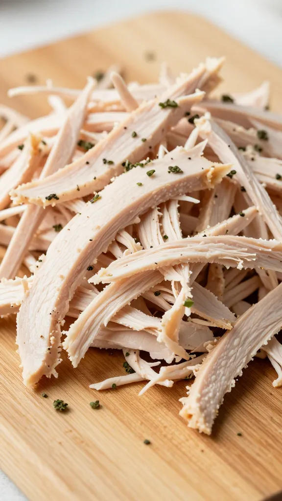 shredded turkey on cutting board with herbs, soft light