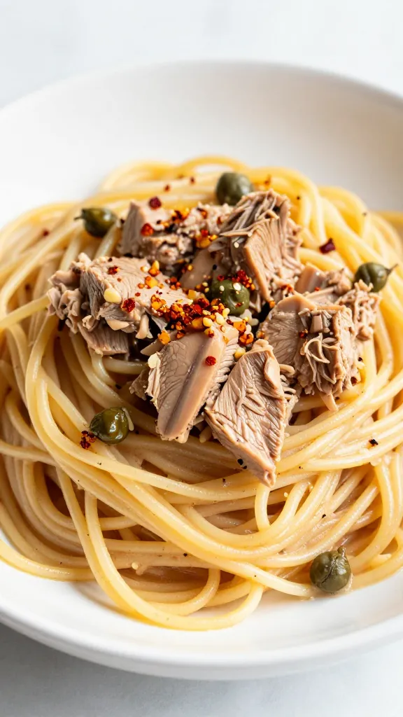 Spaghetti with canned tuna, capers, and chili flakes