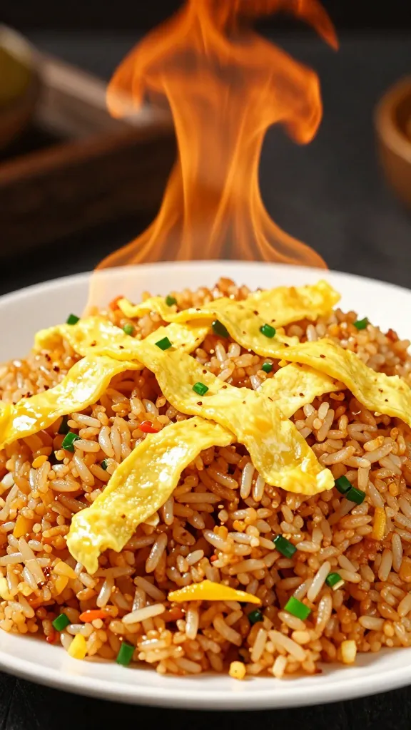 sizzling fried rice with egg ribbons, high heat flare