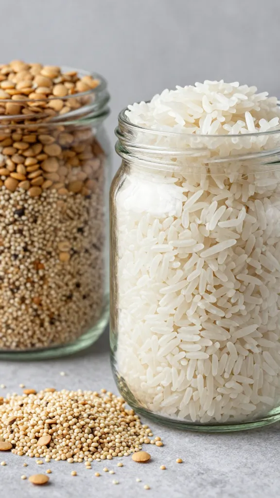 jasmine rice in glass jar beside lentils and quinoa