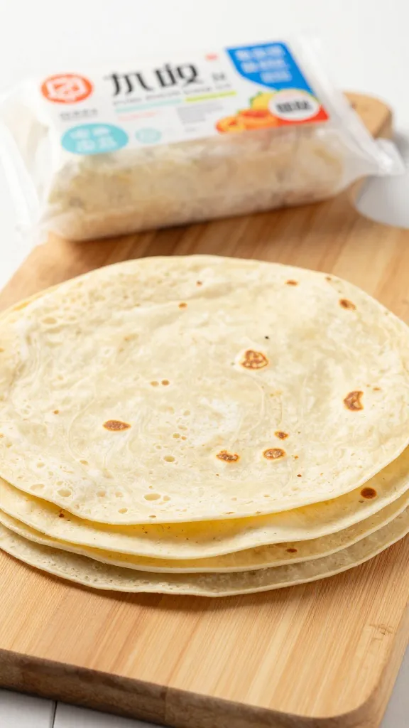 tortillas stacked on cutting board, frozen pack in back