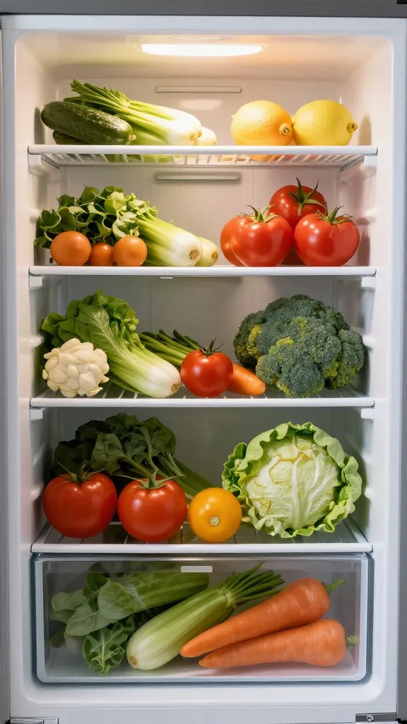 fridge odds-and-ends vegetables arranged neatly, soft light