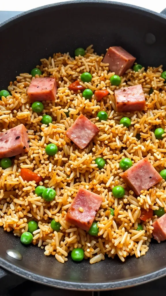 skillet fried rice with ham cubes and peas