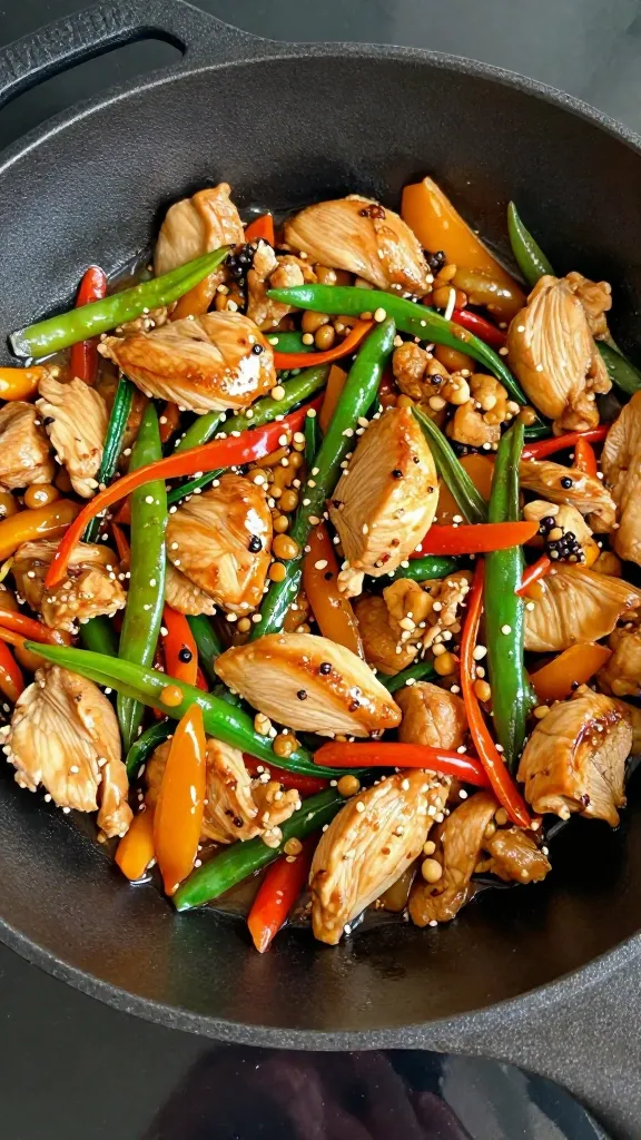 quick-cooking chicken stir-fry in cast iron pan