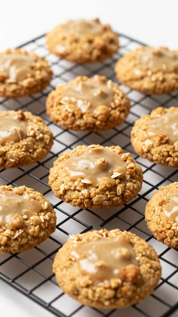 cooling rack of maple-glazed oatmeal cookies, warm light