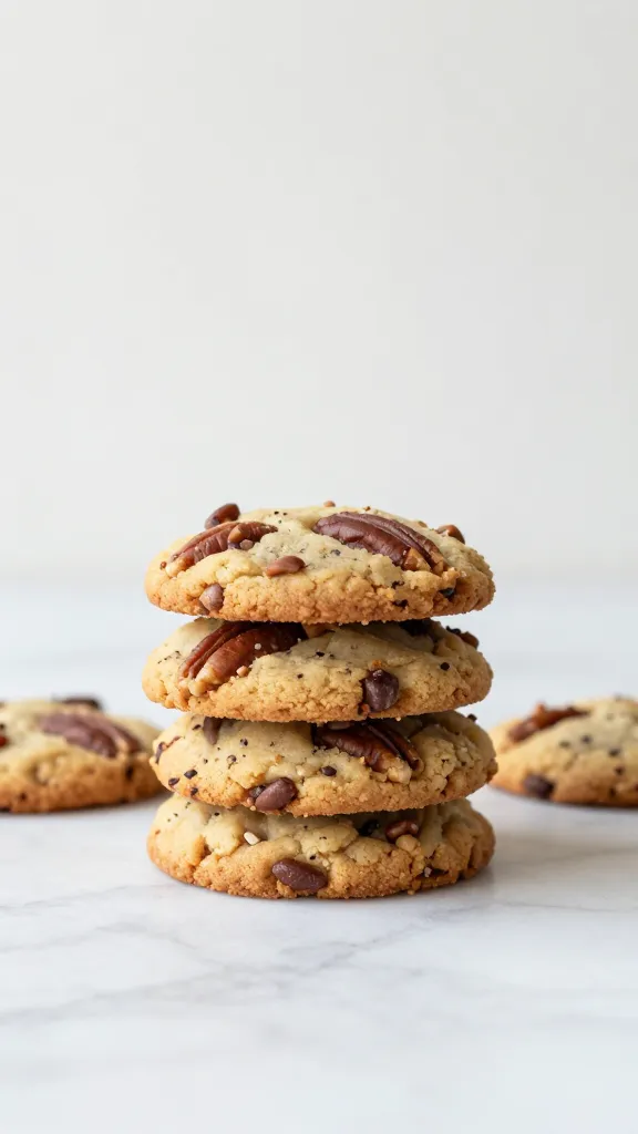 pecan-studded chewy cookies, minimal kitchen backdrop, natural light