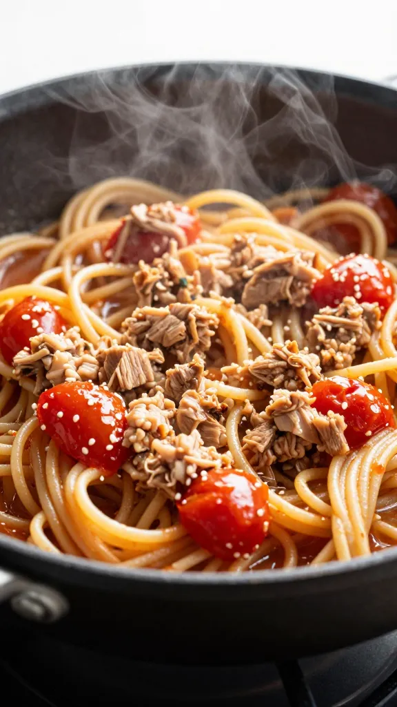 tuna pasta with canned tomatoes in skillet, steam rising