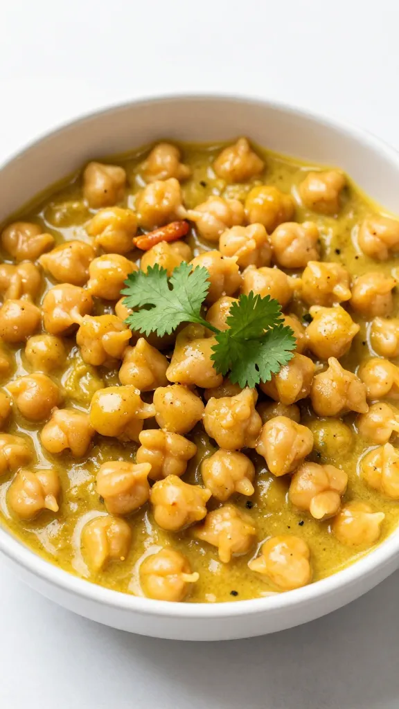 chickpea coconut curry in white bowl, cilantro garnish