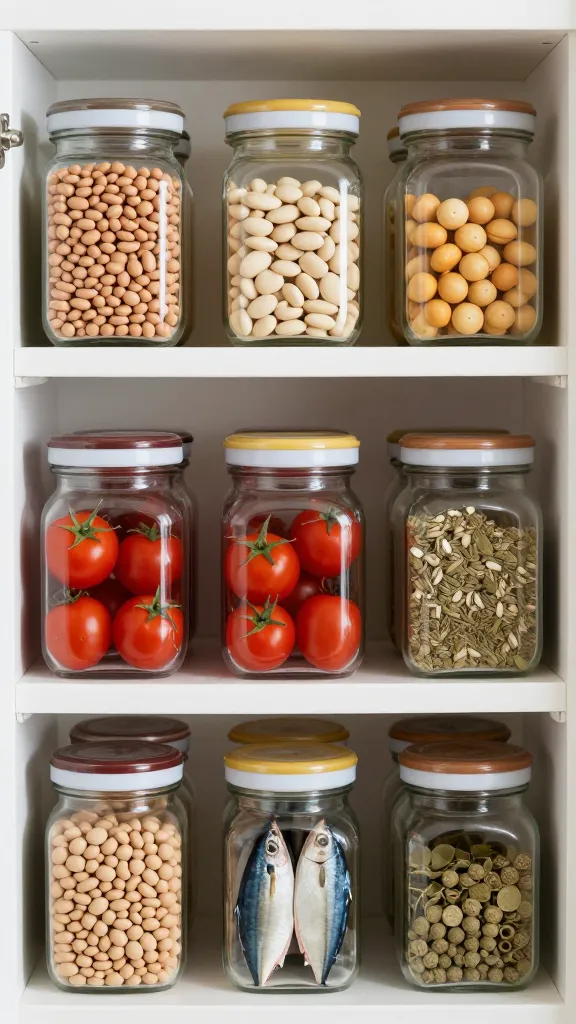 pantry shelf with beans, tomatoes, tuna, spices, neatly arranged