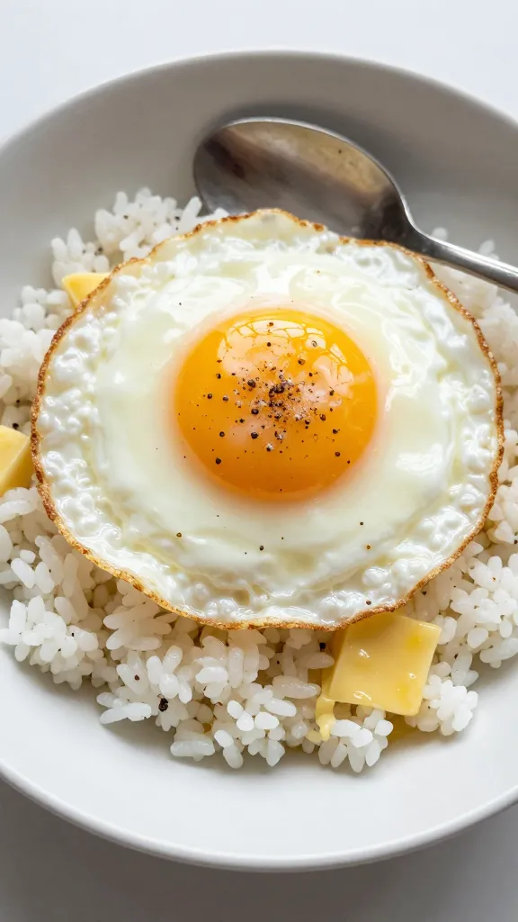 fried egg over garlic butter rice, black pepper, spoon