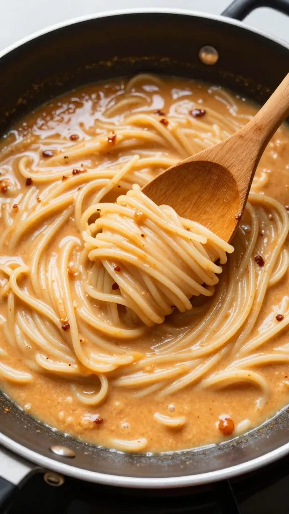 creamy tomato butter noodles in pan, wooden spoon poised