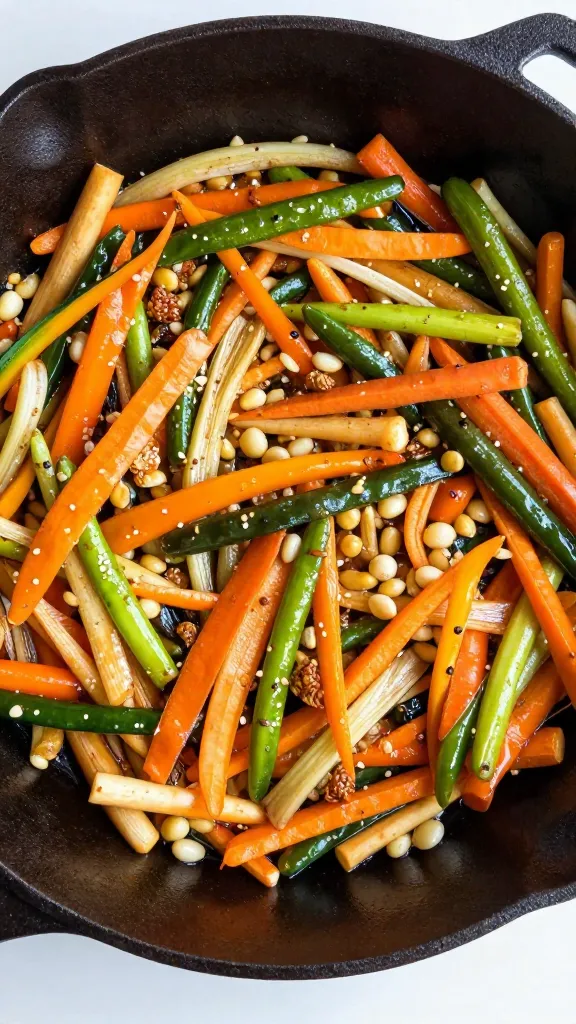 mixed leftover vegetables in cast iron skillet, overhead