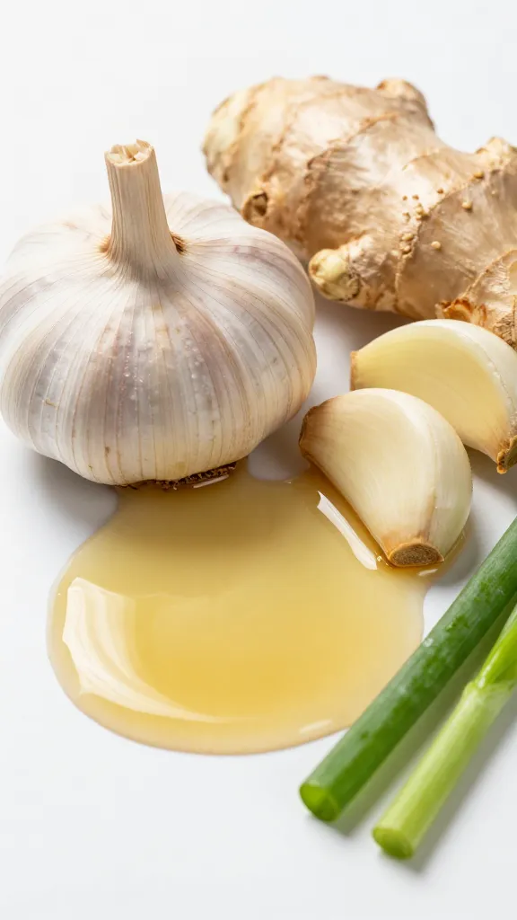 garlic, ginger, scallions beside hot sesame oil drizzle