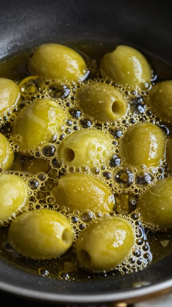 olive oil sizzling aromatics in pan, close-up bubbles