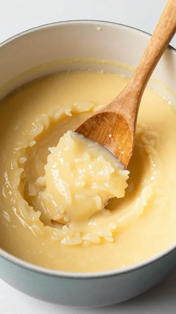 Warm rice pudding in saucepan, wooden spoon stirring