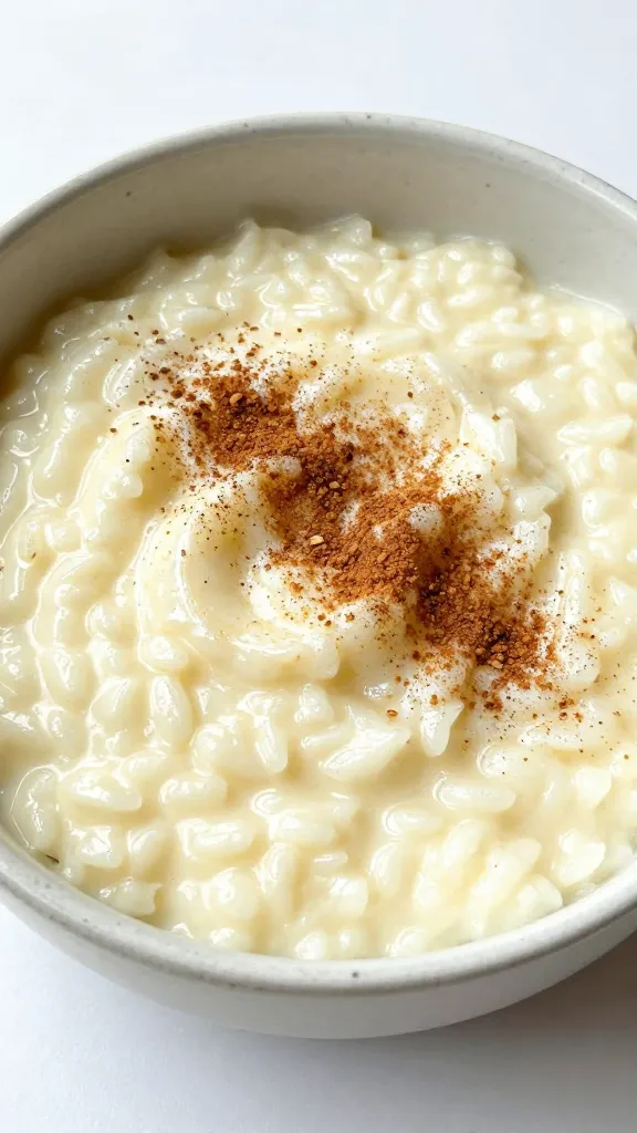 Creamy rice pudding in speckled bowl, cinnamon dusting