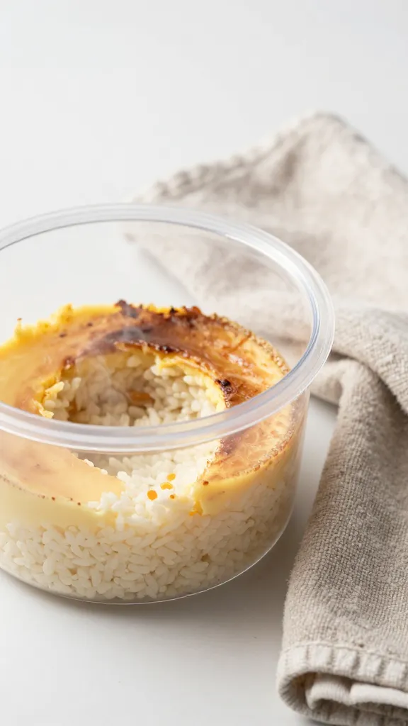Leftover rice container beside steaming pudding, cozy towel