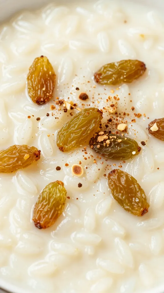 Close-up rice pudding with golden raisins, nutmeg sprinkle