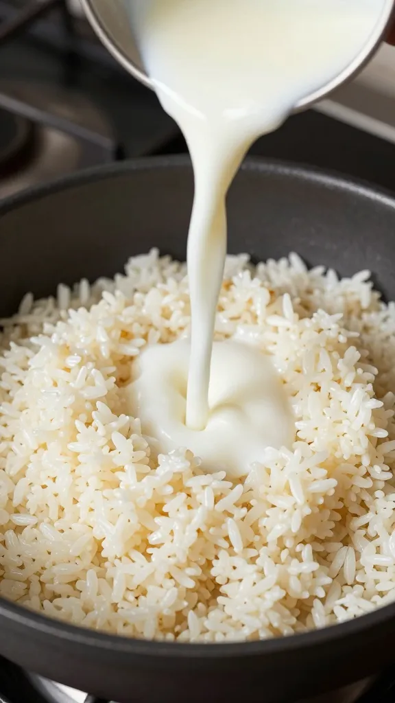 Overhead stovetop shot, milk pouring into cooked rice