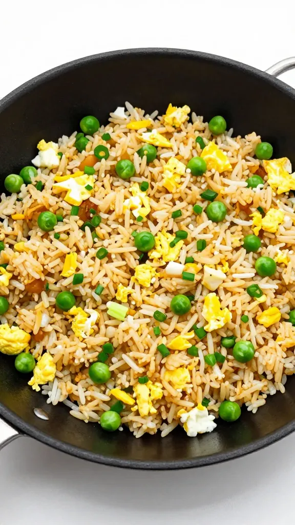 skillet fried rice with peas, eggs, green onions