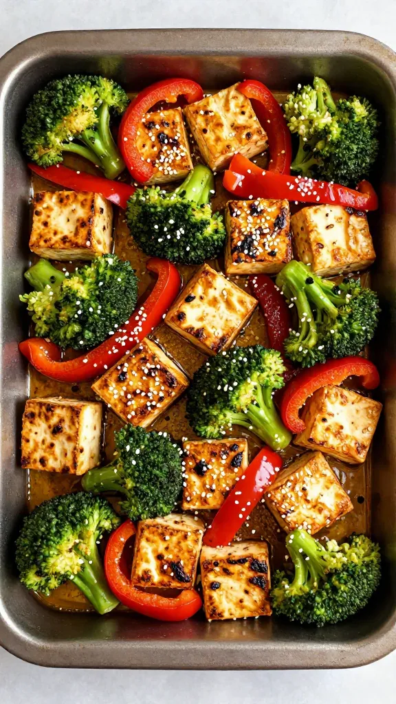 sheet pan roasted tofu, broccoli, bell peppers, sesame sprinkle