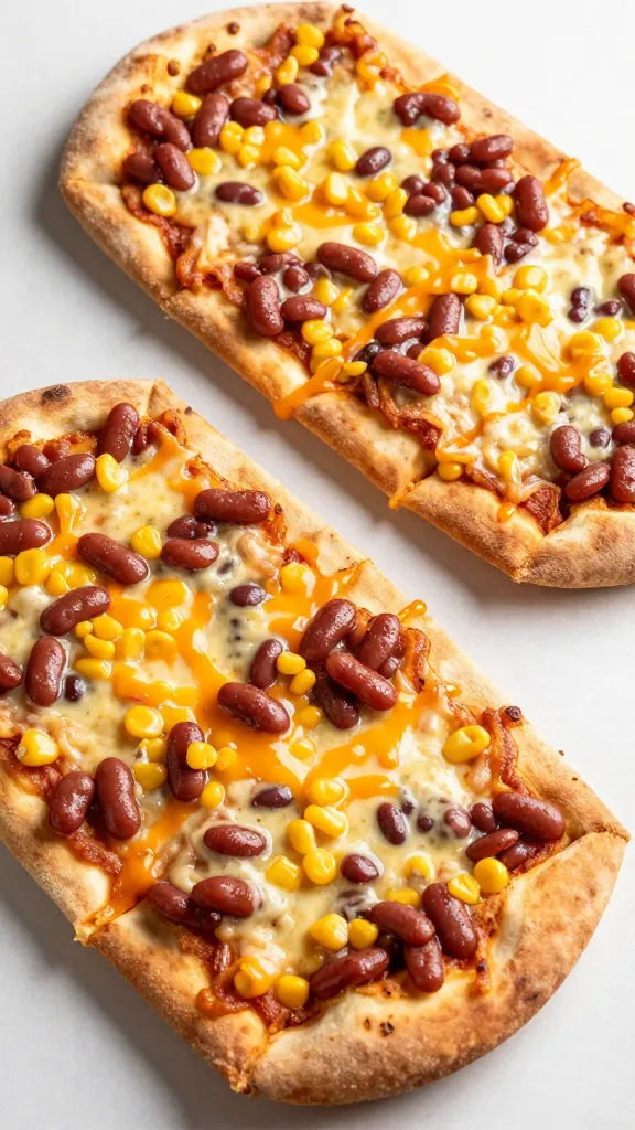 naan pizzas with canned beans, corn, melted cheddar