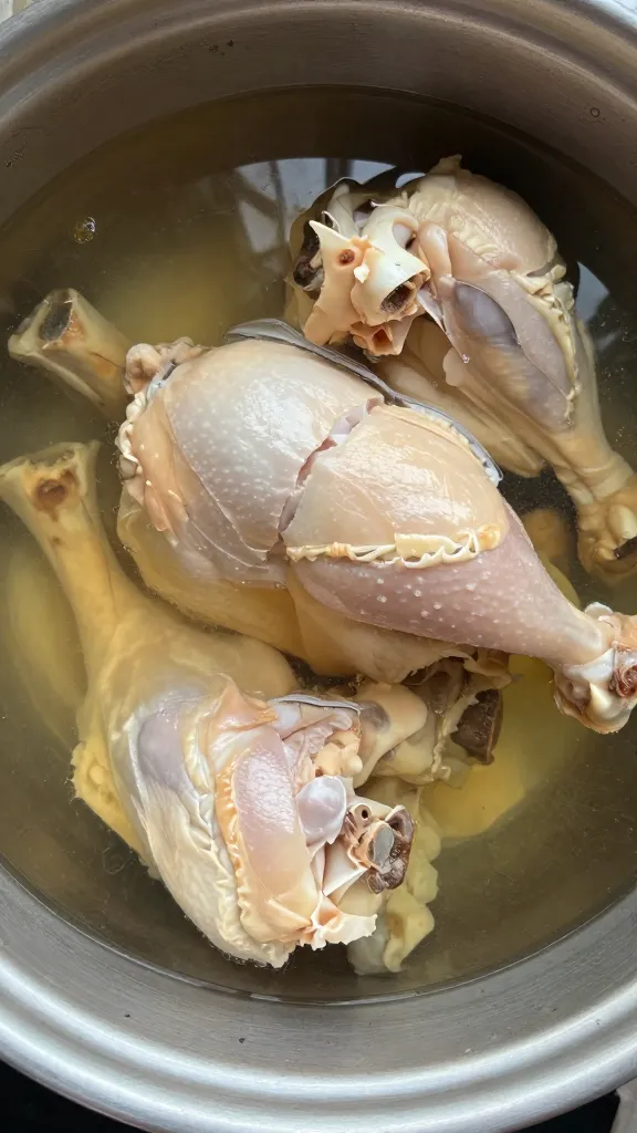 Simmering chicken bone stock in large stockpot