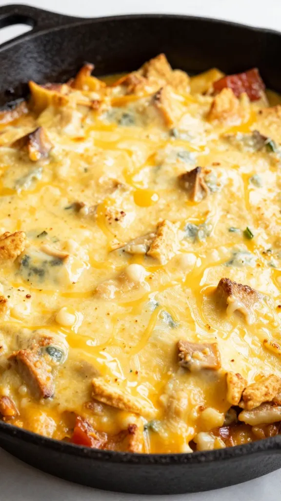 Cheesy leftover taco casserole in cast-iron skillet