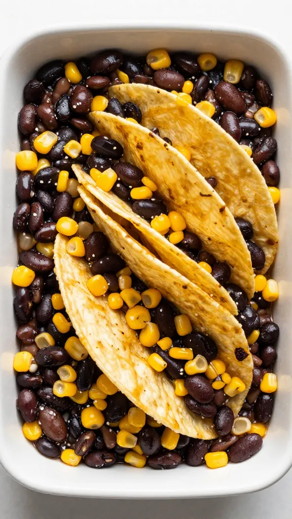 Overhead taco casserole with black beans and corn