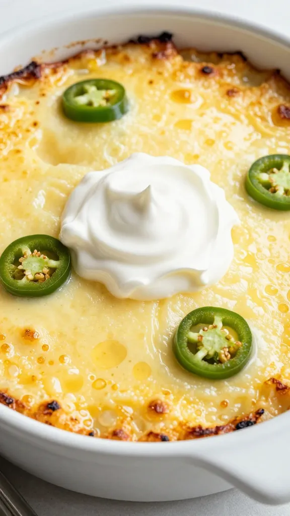 Bubbly casserole topped with jalapeños and sour cream