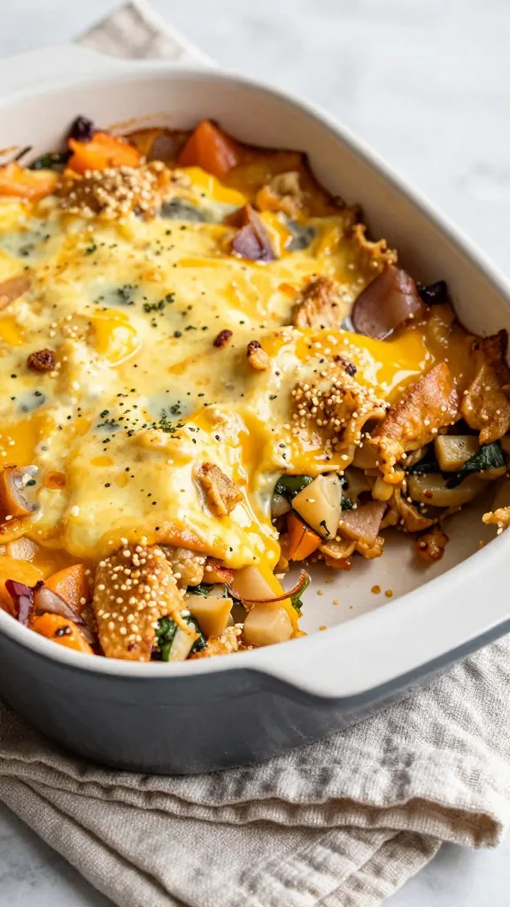 Rustic baking dish of taco casserole on linen towel
