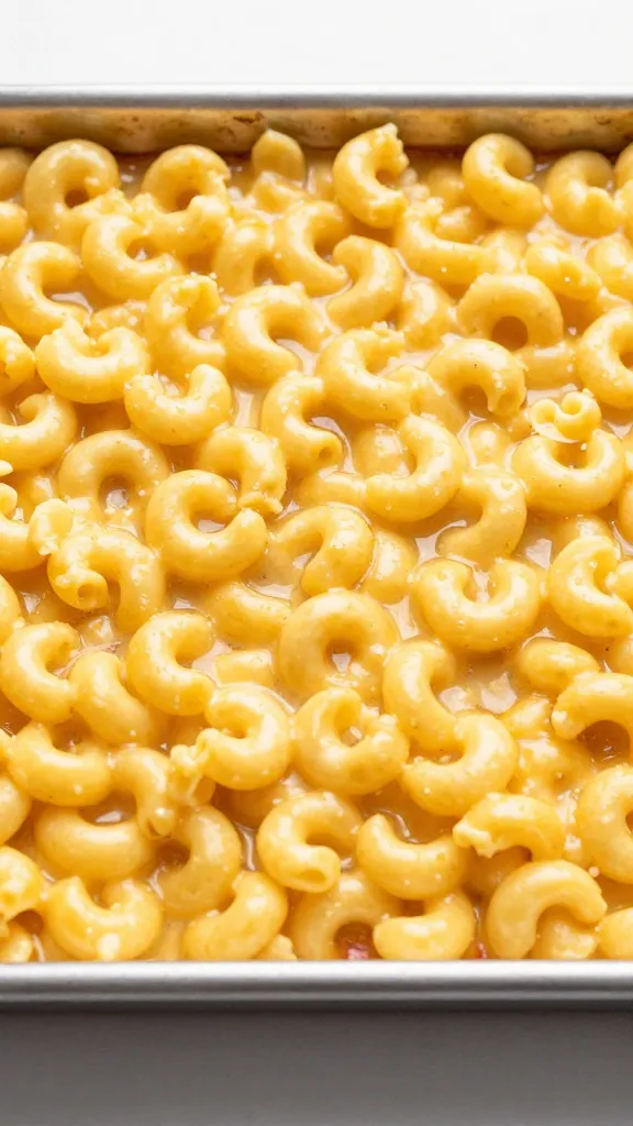 golden-edged mac and cheese square on sheet pan