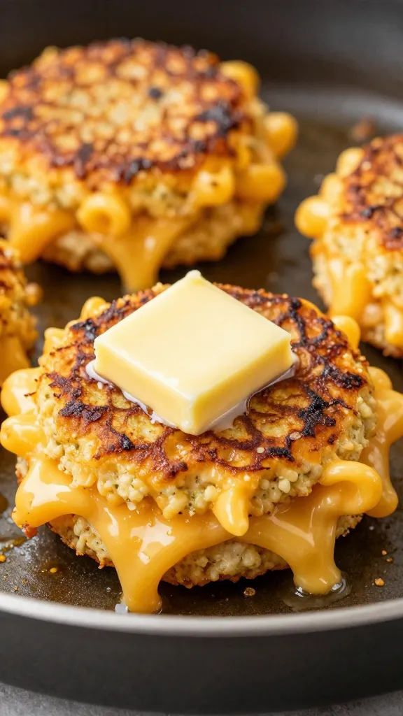 smashed mac and cheese patty frying in butter