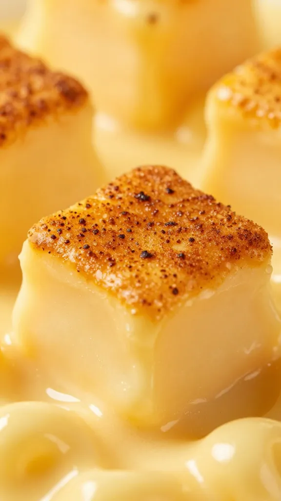melty mac and cheese cube with browned crust close-up