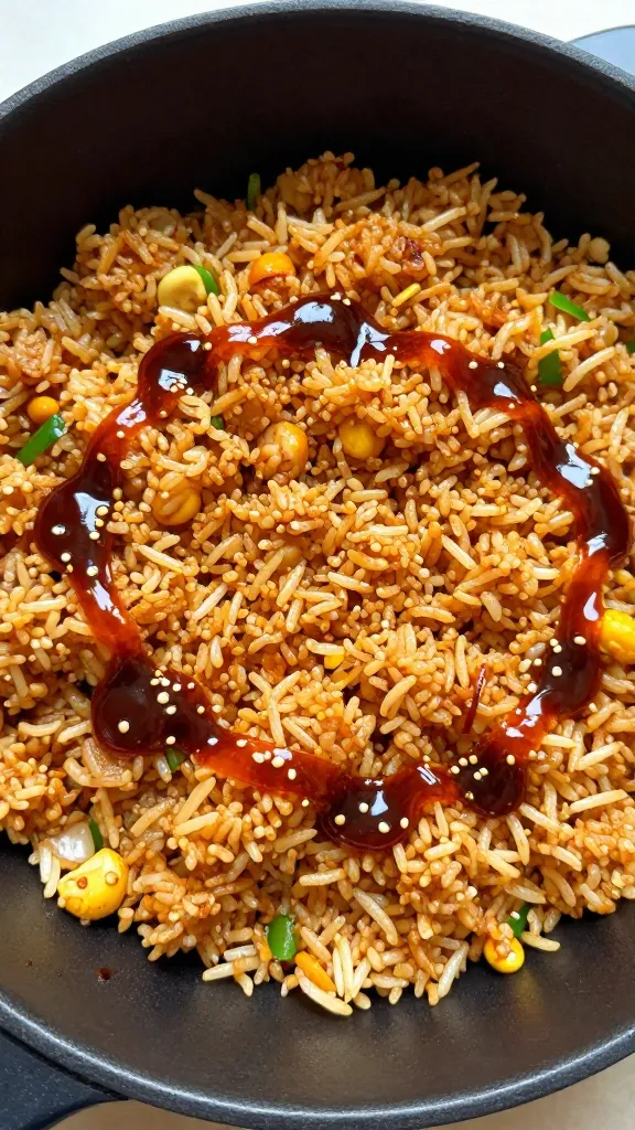 crispy leftover fried rice in black skillet, chili crisp drizzle