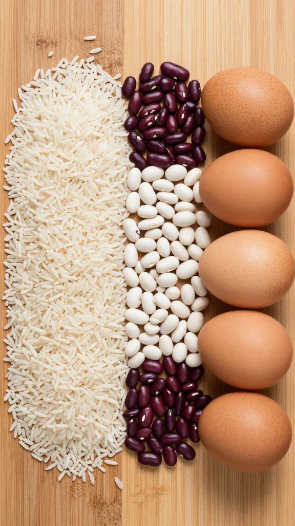 Pantry staples lineup: rice, beans, eggs on wood table