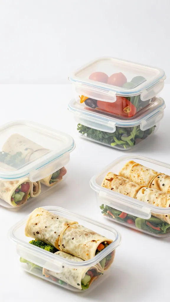 Meal prep containers with leftover bowls and wraps