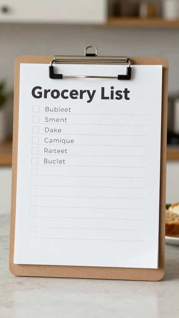 Grocery list and budget staples on clipboard, kitchen counter