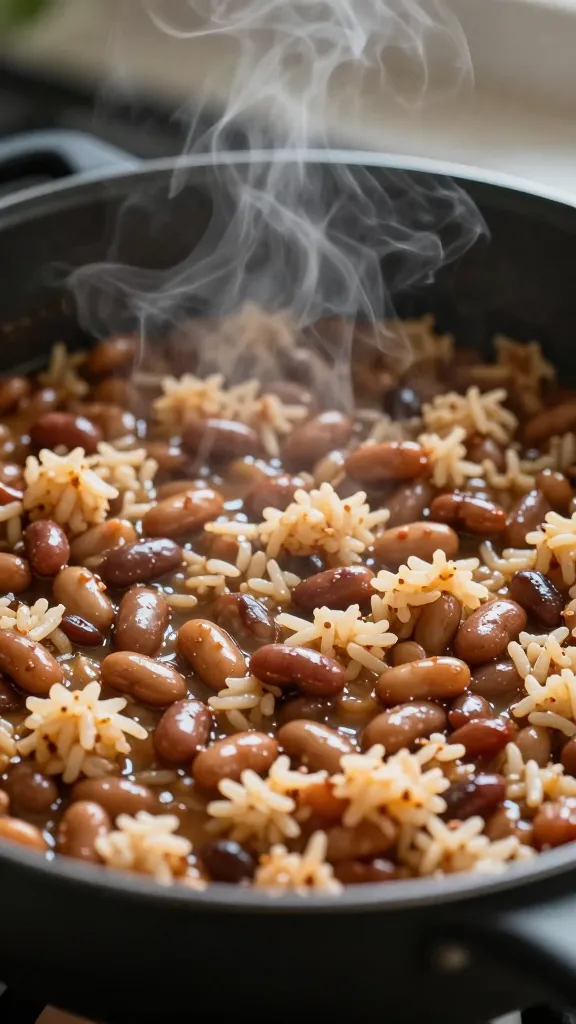 One-pot bean and rice skillet, steam rising